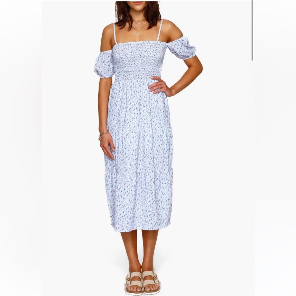 Heartloom Printed CottageCore‎ Smocked Tiered Cold Shoulder Flowy Dress Size XS